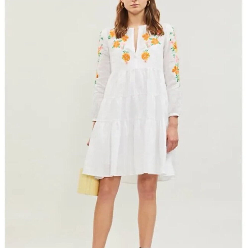 Maje Floral Embroidered Summer Pullover Linen Shift Dress Midi Knee Length (2)
